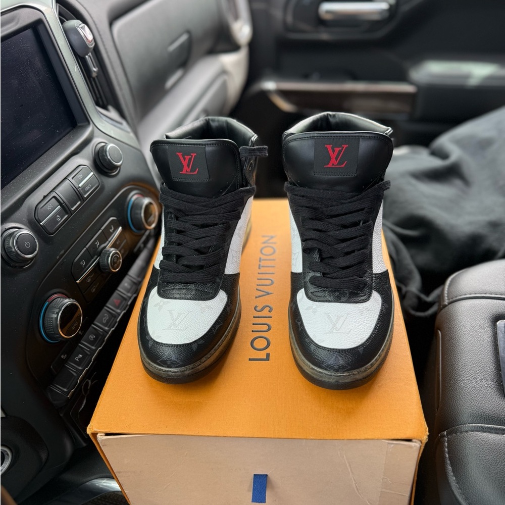 Louis Vuitton “Rivoli” Black and White High Top Sneakers with Red Logo